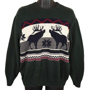 Vintage Dockers Moose Sweater Mens Size Large Green Holiday Fair Isle Christmas